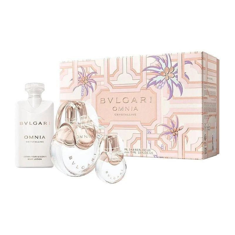 Bvlgari Omnia Crystalline set including 100ml EDT, 75ml body lotion, and 15ml travel miniature