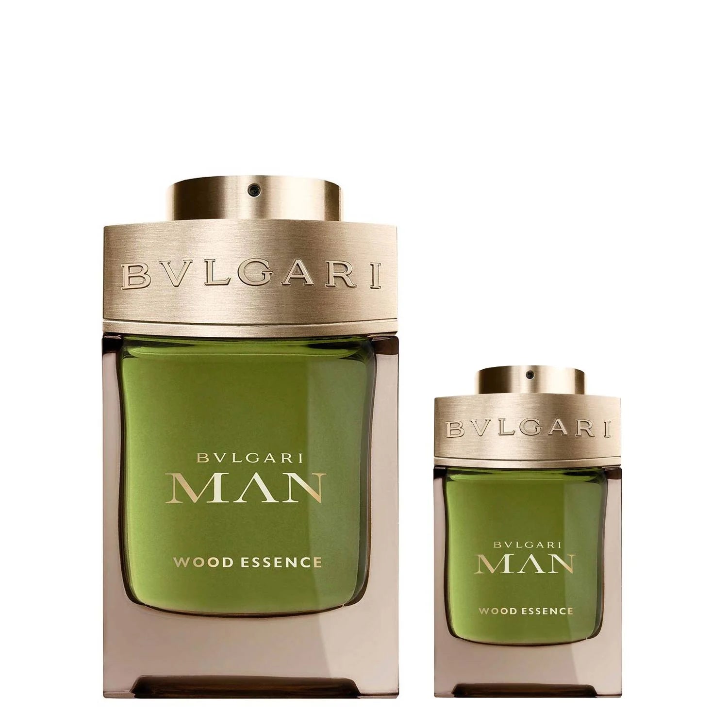 Bvlgari Man Wood Essence Eau de Parfum set with 100ml and 15ml in the deep green and gold bottle with engraved Bvlgari cap