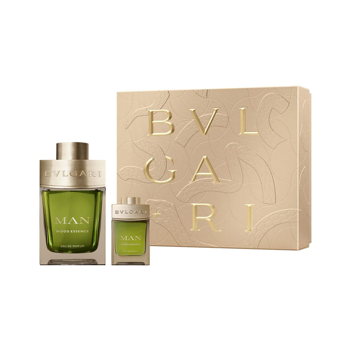 Bvlgari Man Wood Essence Eau de Parfum 100ml and 15ml gift set in deep green and gold flacon with engraved Bvlgari cap