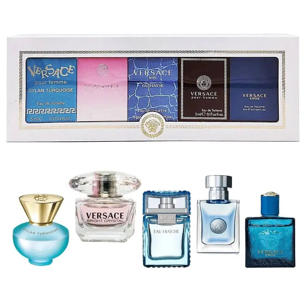 Versace perfume set with various bottles and packaging on a white background