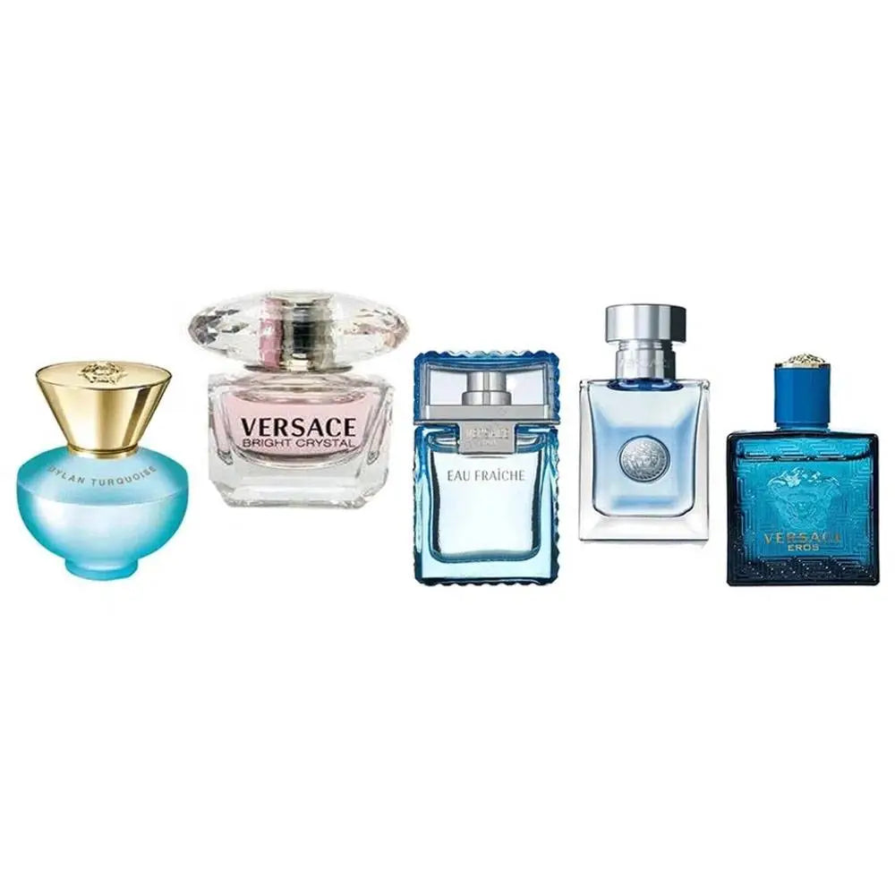 Collection of Versace perfume bottles on a white background