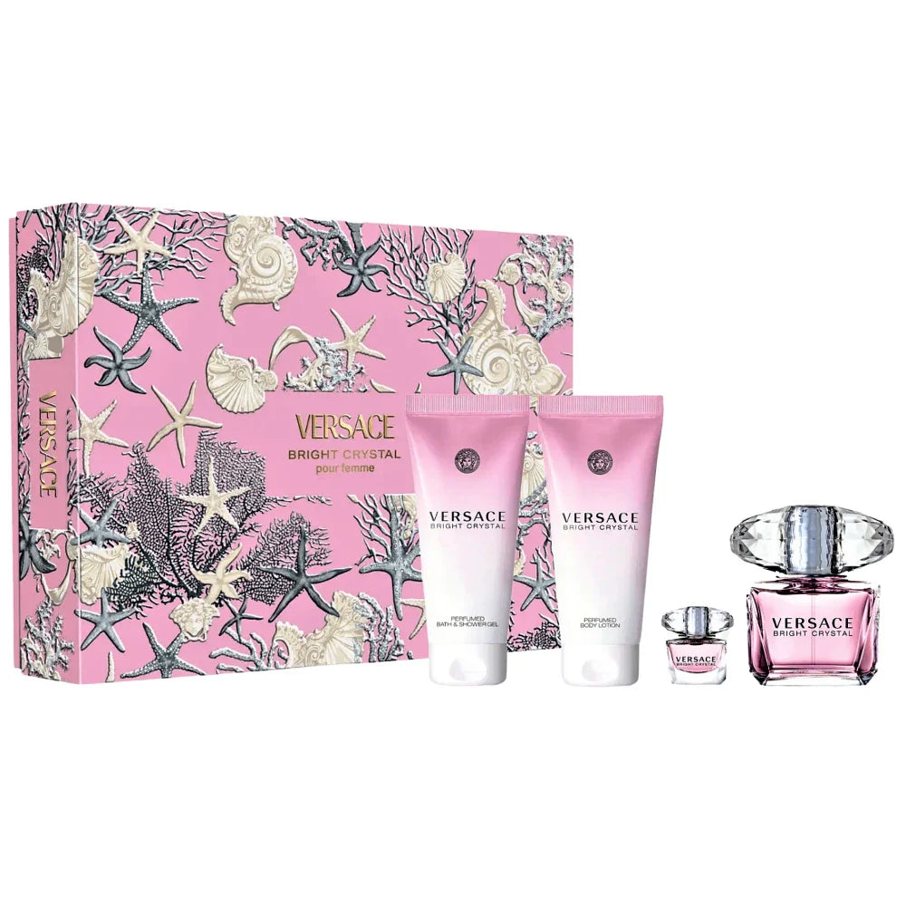 Versace Bright Crystal Eau De Toilette 90ml gift set with 5ml spray, shower gel 100ml, and body lotion 100ml with an elegant box