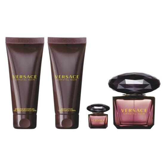 Versace Crystal Noir Eau de Parfum gift set with 90ml perfume, 5ml mini, shower gel, and body lotion