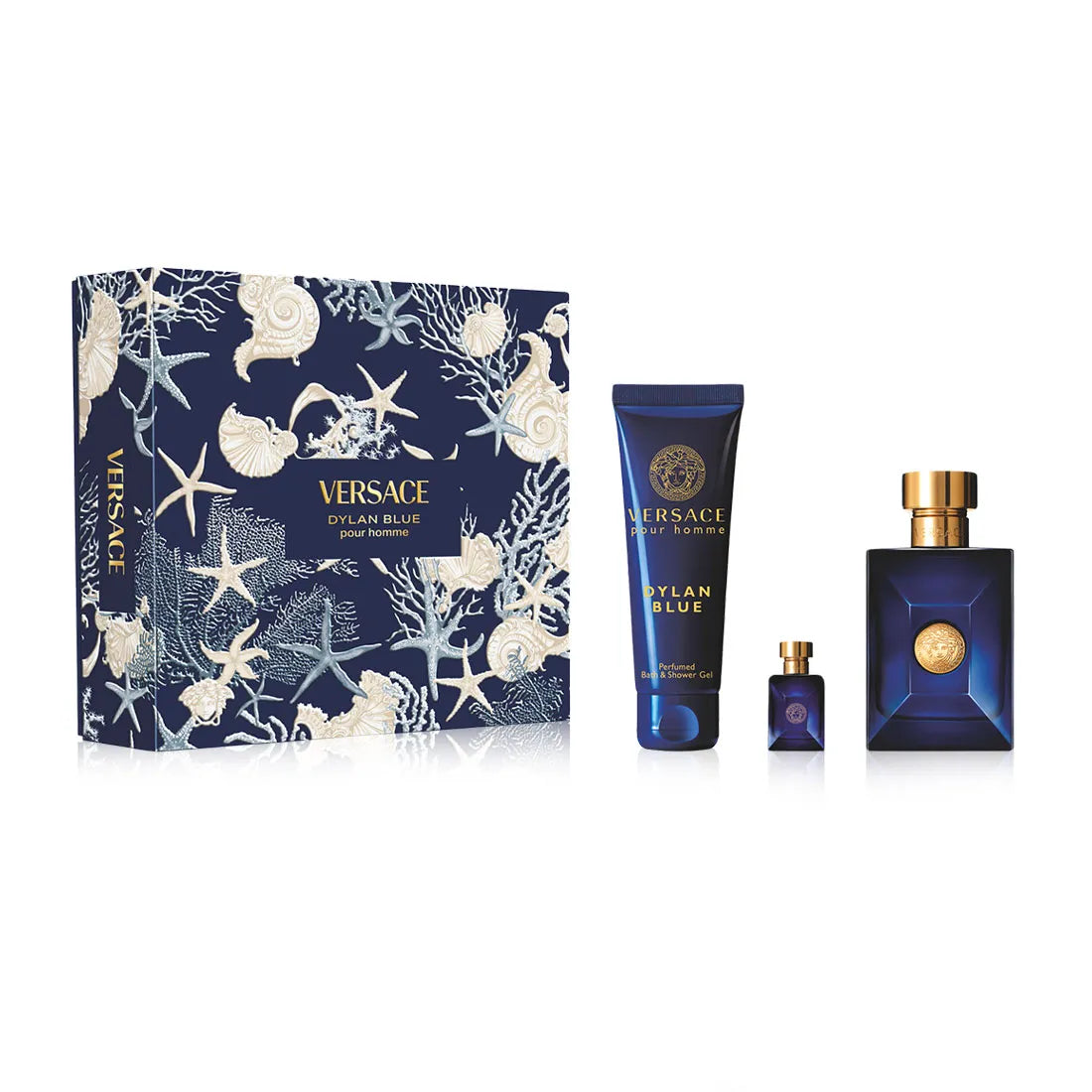 Versace Dylan Blue perfume set with packaging and bottles on a white background