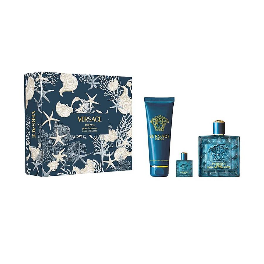Versace Eros perfume set with packaging and bottles on a white background