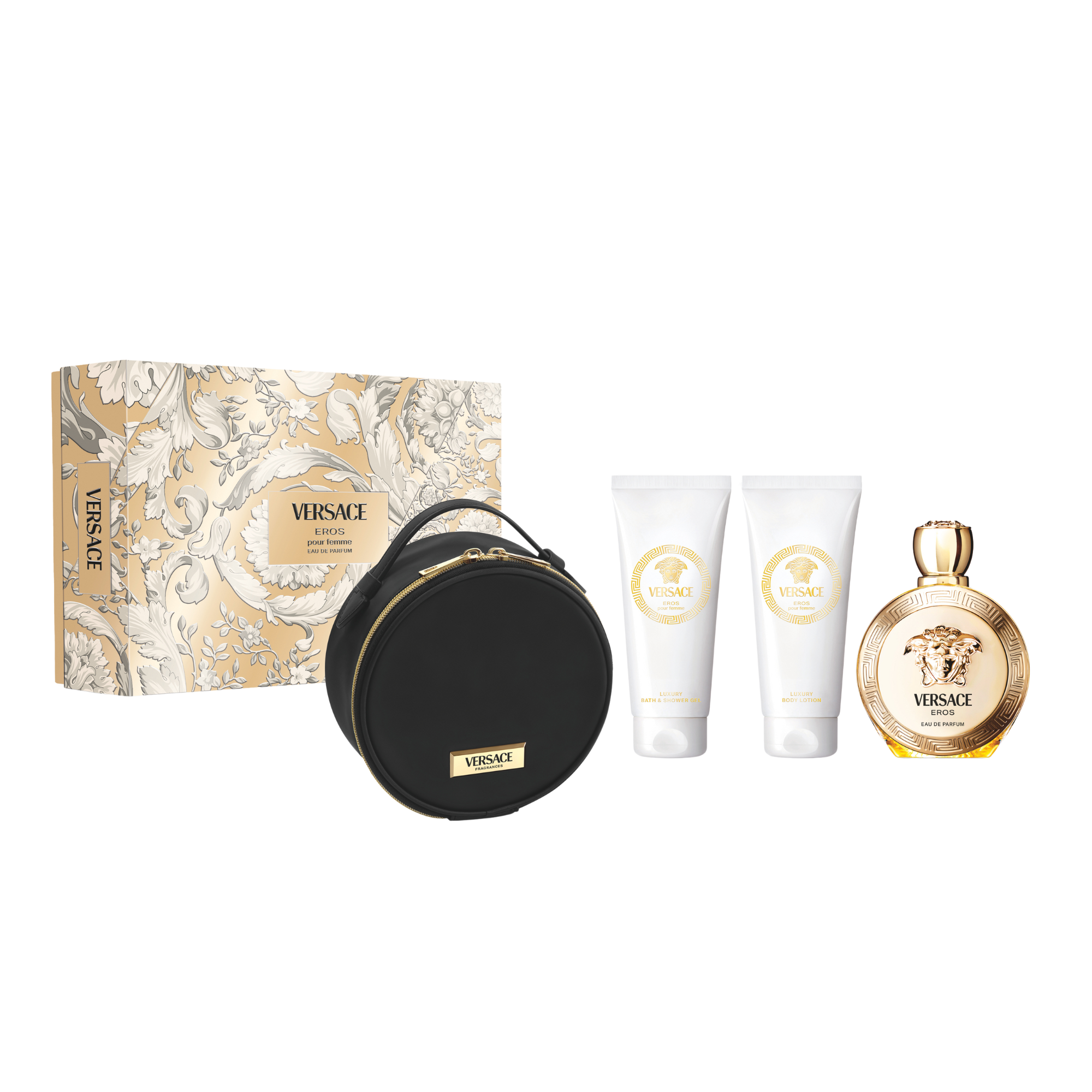 Versace Eros Pour Femme Eau de Parfum 100ml gift set with body lotion, shower gel, and round Versace makeup case
