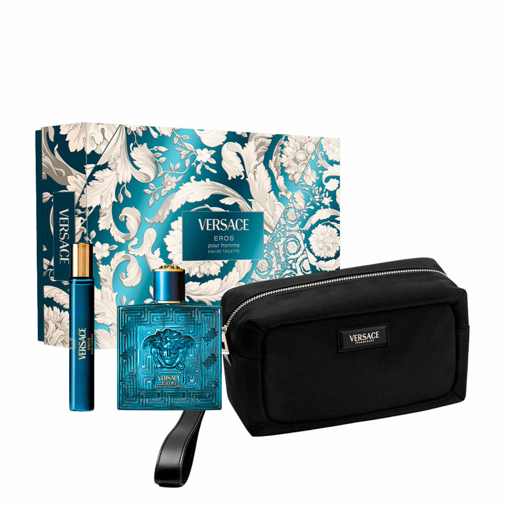 Versace Eros Eau de Toilette set with 100ml and 10ml in the iconic turquoise Medusa bottle with gold cap, and Versace black trousse