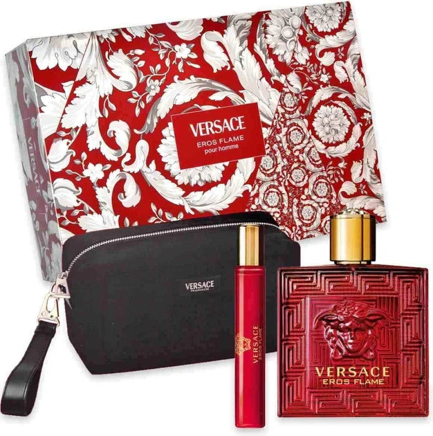Versace Eros Flame Eau de Parfum set with 100ml and 10ml in the iconic red Medusa bottle with gold cap and Versace black trousse