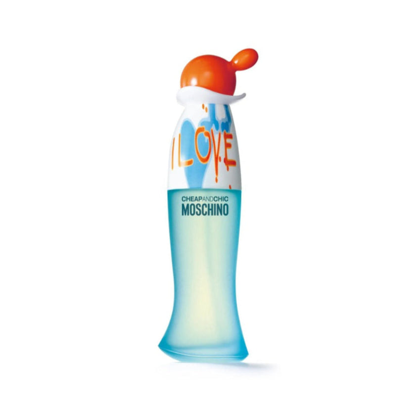 Moschino I Love Love perfume bottle on a white background