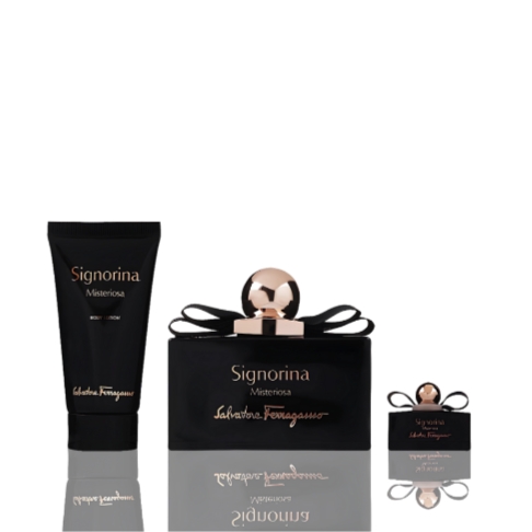 Set of Salvatore Ferragamo Signorina Misteriosa including a bottle, miniature, and body lotion on a white background