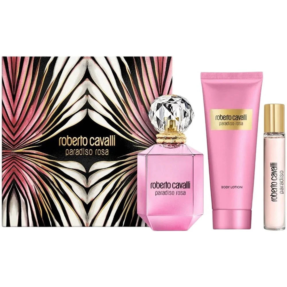 Roberto Cavalli Paradiso Rosa Eau de Parfum gift set with 75ml and 15ml bottles and 100ml body lotion in the signature reflective pink bottle