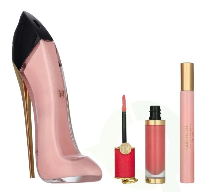 Close up of Carolina Herrera Good Girl Blush Eau De Parfum Gift Set with 80ml fragrance, 10ml travel spray, and 5ml Lip & Cheek Blusher