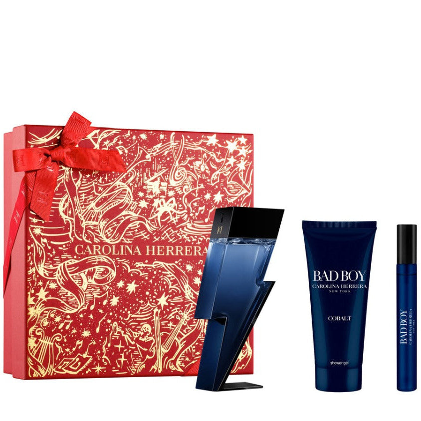 Carolina Herrera Bad Boy Cobalt Eau de Parfum Électrique gift set with 100ml and 10ml in the iconic cobalt blue lightning bolt bottle and 100ml shower gel