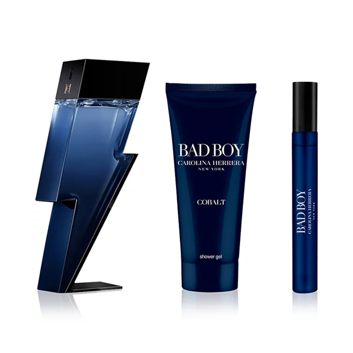 Carolina Herrera Bad Boy Cobalt Eau de Parfum Électrique gift set with 100ml and 10ml in the iconic cobalt blue lightning bolt bottle and 100ml shower gel