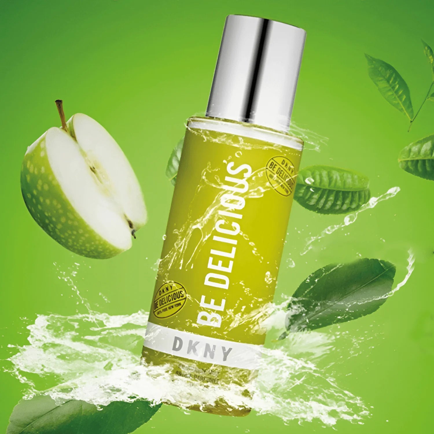 DKNY Be Delicious mist bottle with a green apple and leaves on a green background