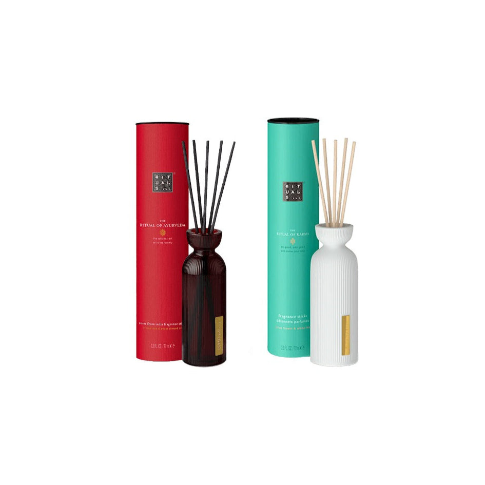 Rituals of Ayurveda and Rituals of Karma mini fragrance sticks bundle, each 70ml, for creating a serene and uplifting home environment