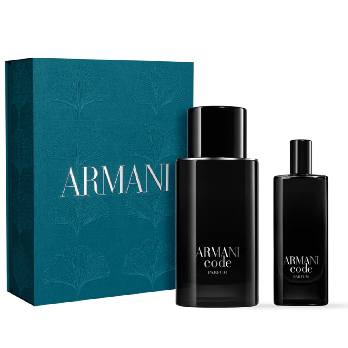 Giorgio Armani Code Parfum gift set with 75ml perfume bottle and 15ml travel spray in sleek, modern packaging