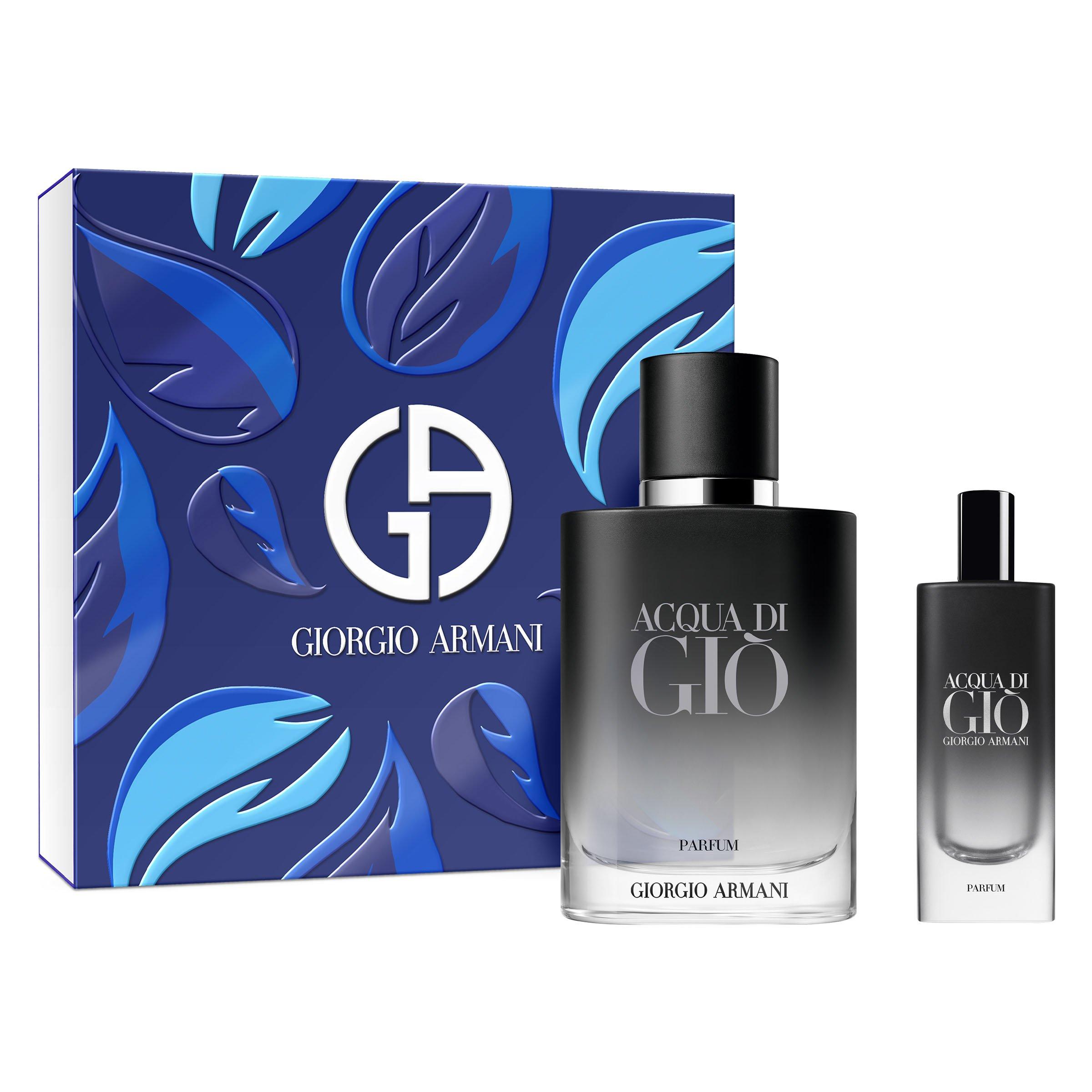 Giorgio Armani Acqua Di Gio Men Parfum 100ml and 15ml bottles front view on white background