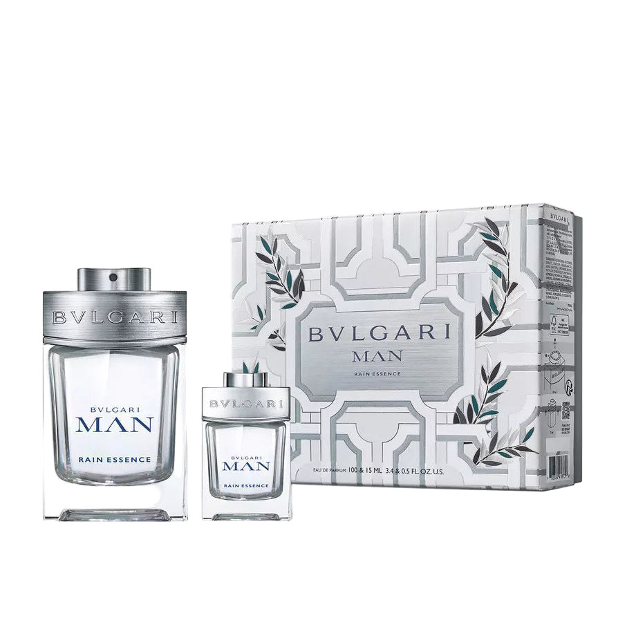 Bvlgari Man Rain Essence Eau De Parfum Gift Set with 100ml bottle and 15ml travel spray in sleek silver packaging