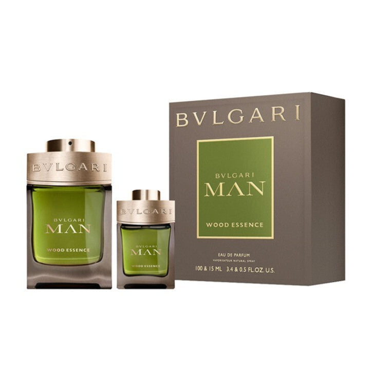 Bvlgari Man Wood Essence Eau De Parfum Gift Set with 100ml bottle and 15ml travel spray in elegant green and silver packaging