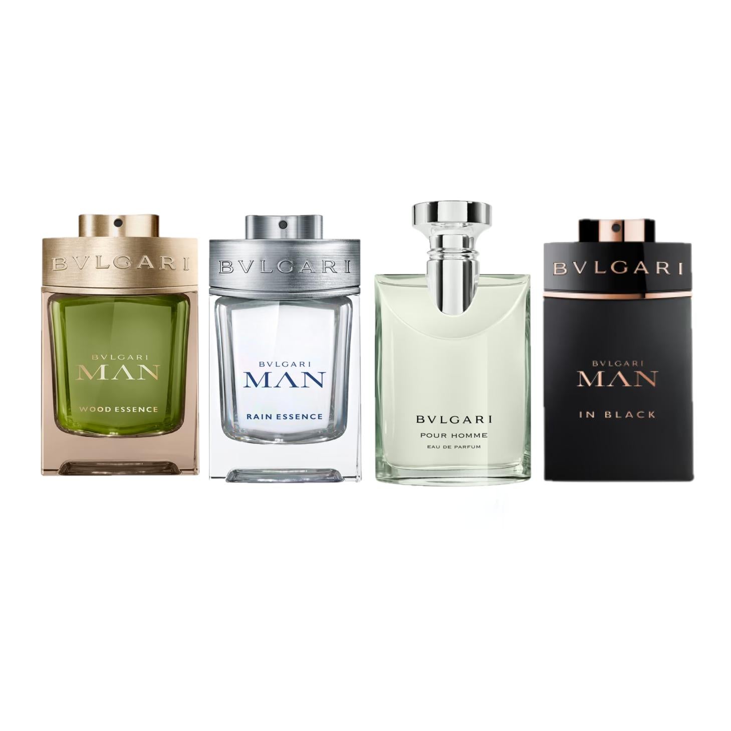 Bvlgari men miniature perfume set with Pour Homme, Man Rain Essence, Wood Essence, and Man In Black mini bottles.