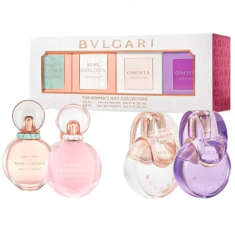 Bvlgari women miniature perfume set with Rose Goldea Blossom Delight and Omnia Crystalline & Amethyst mini bottles.