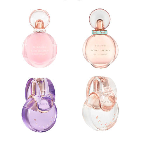 Bvlgari women miniature perfume set with Rose Goldea Blossom Delight and Omnia Crystalline & Amethyst mini bottles.