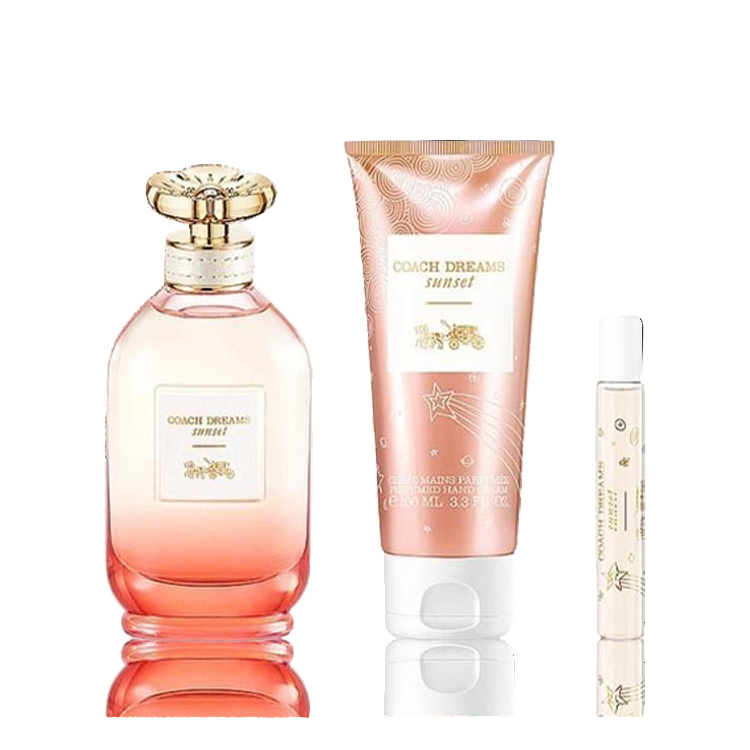 Coach Dreams Sunset Eau De Parfum Gift Set with 90ml bottle, 7.5ml miniature, and 100ml body lotion