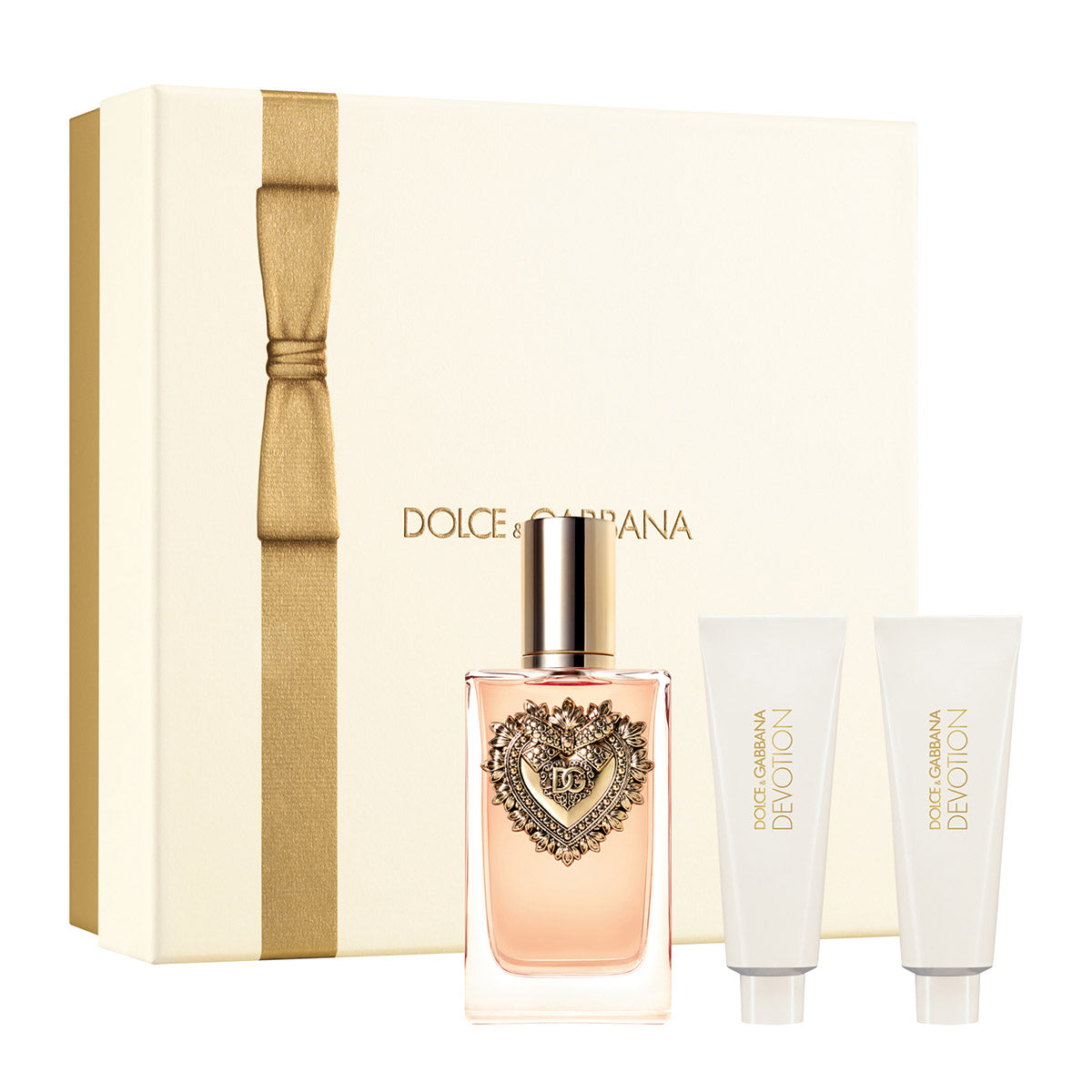 Dolce & Gabbana Devotion Eau De Parfum Gift Set with 100ml bottle, 50ml shower gel, and 50ml body lotion in luxury packaging.