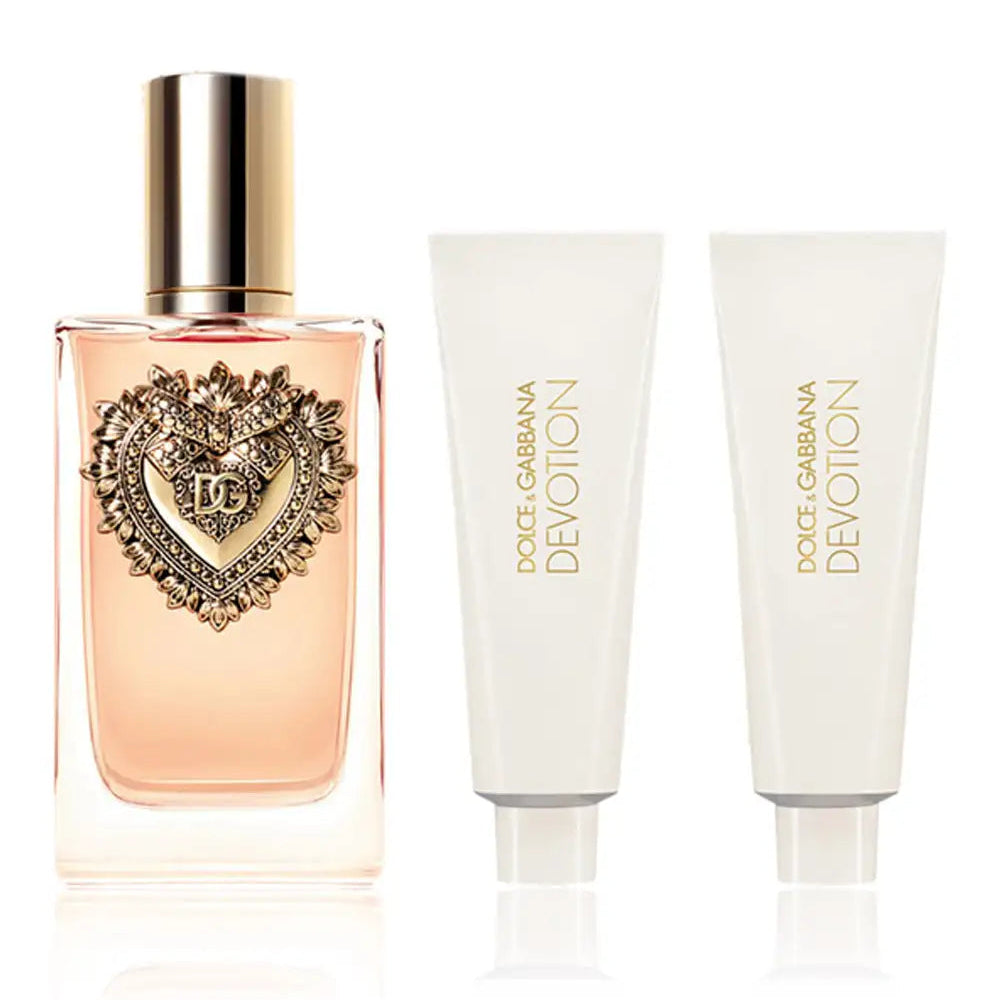 Dolce & Gabbana Devotion Eau De Parfum Gift Set with 100ml bottle, 50ml shower gel, and 50ml body lotion.