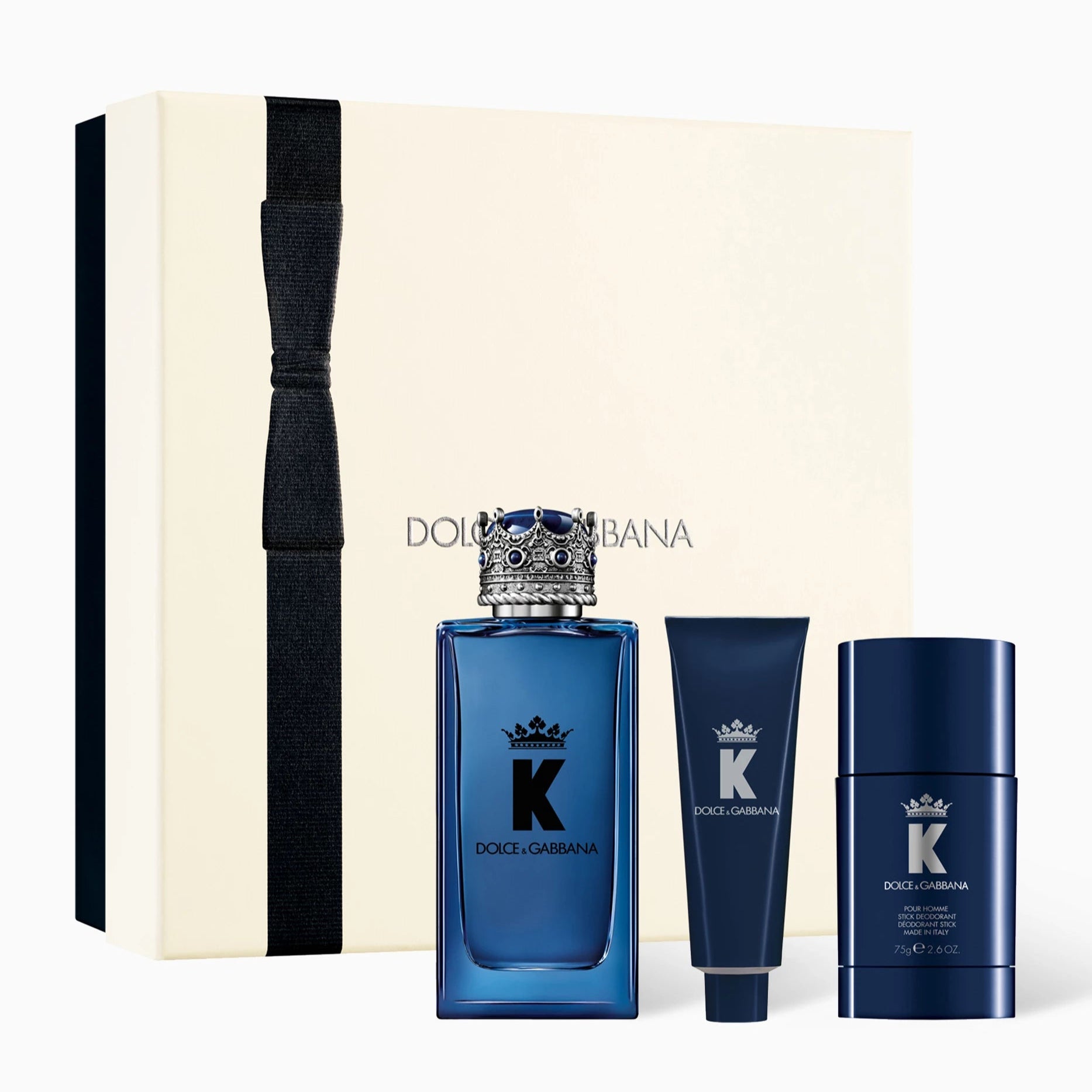 Dolce & Gabbana K Eau De Parfum gift set with 100ml perfume bottle, 50ml shower gel, and 75g deodorant stick in elegant packaging