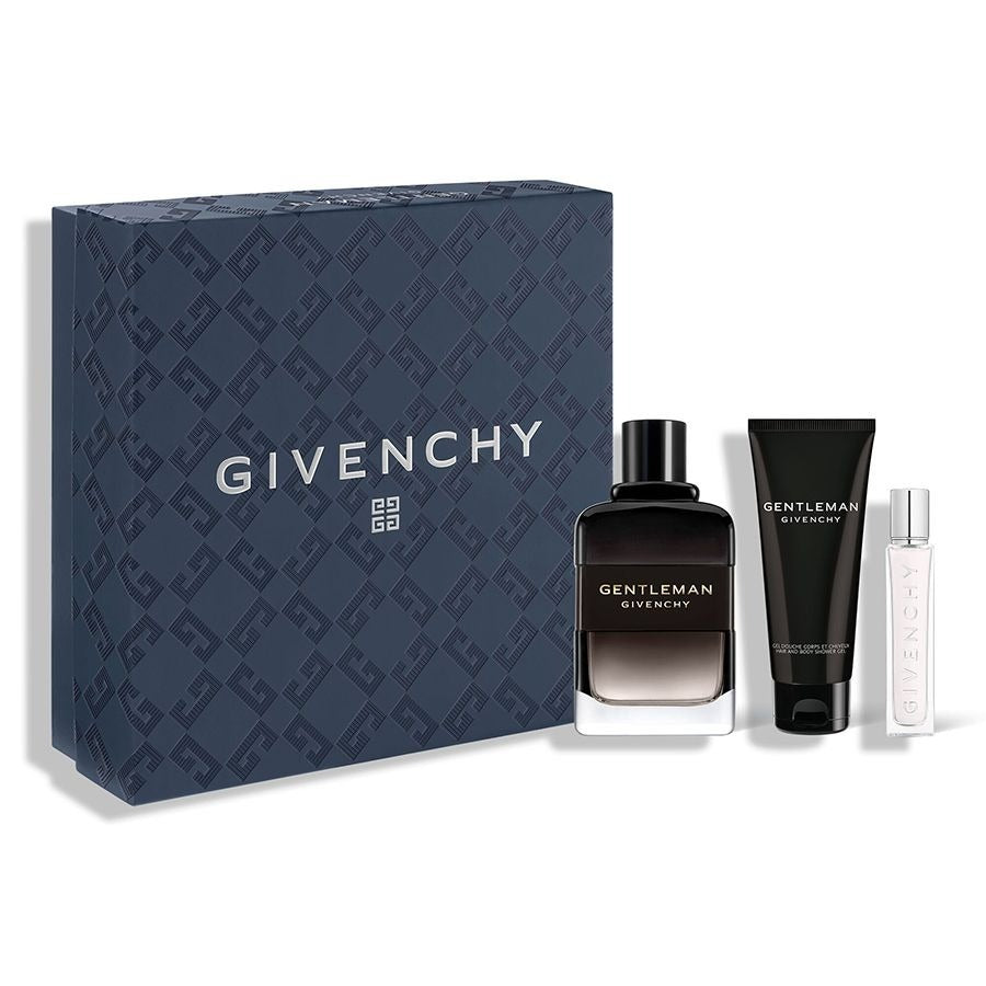 Givenchy Gentleman Eau De Parfum Boisée Gift Set with 100ml bottle, 12.5ml travel spray, and 75ml shower gel in Givenchy packaging