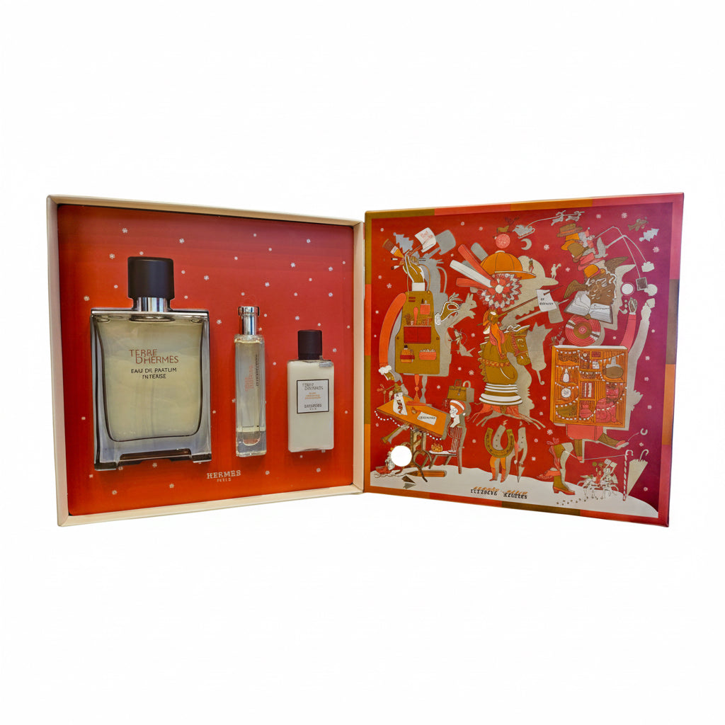 White background image showing Hermes Terre d Hermes edp intense set contents and artwork on packaging 