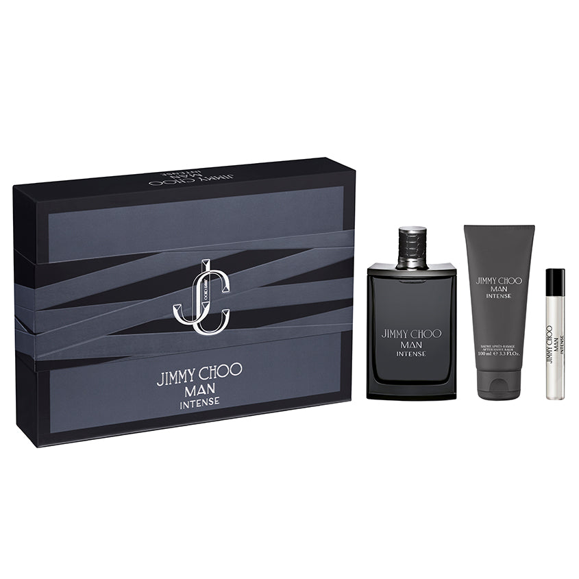 Jimmy Choo Man Intense Eau De Toilette 100ml, 7.5ml travel spray, and 100ml shower gel fragrance set with an elegeant box