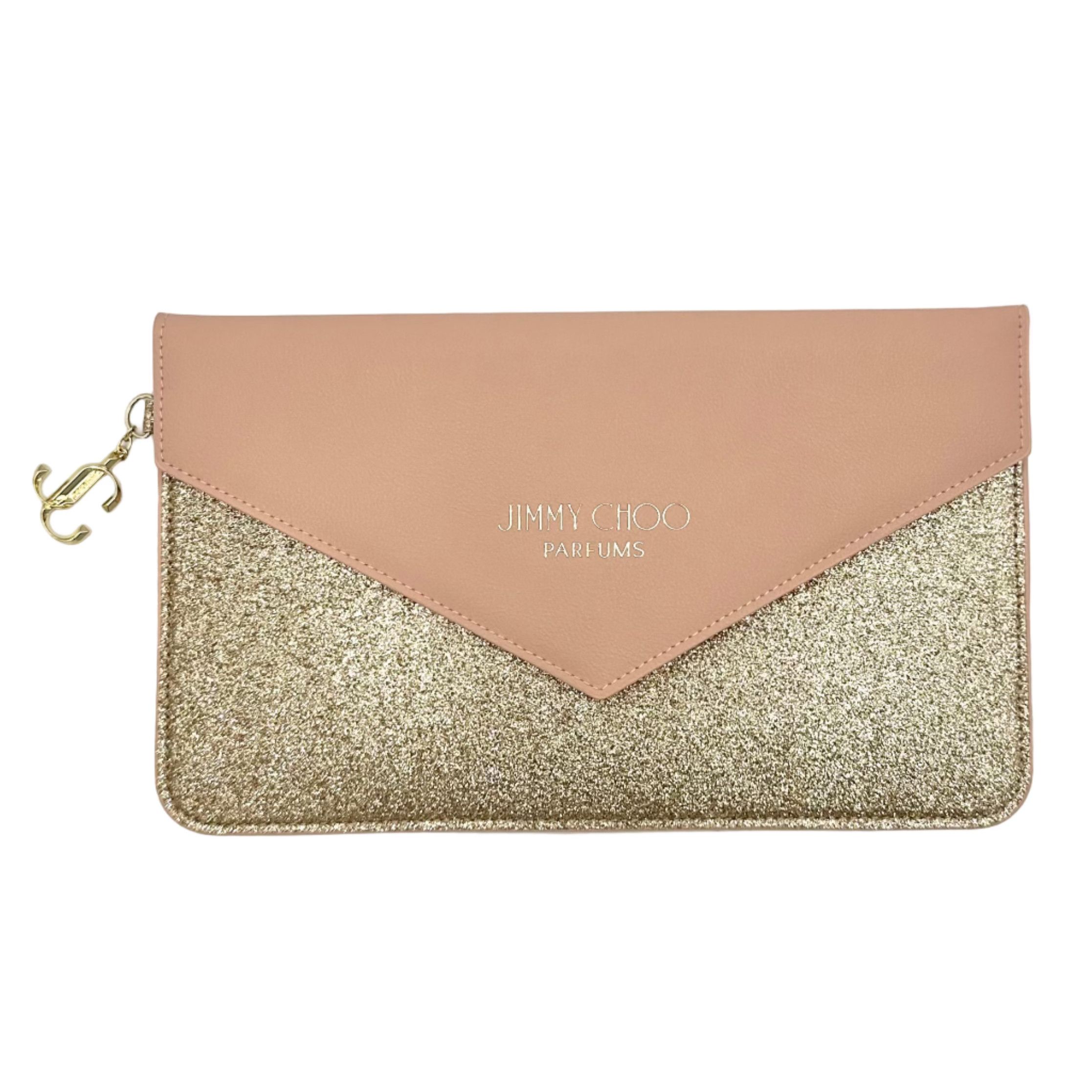 Jimmy choo flat pouch with glittery gold bottom half and peach top half on a white background