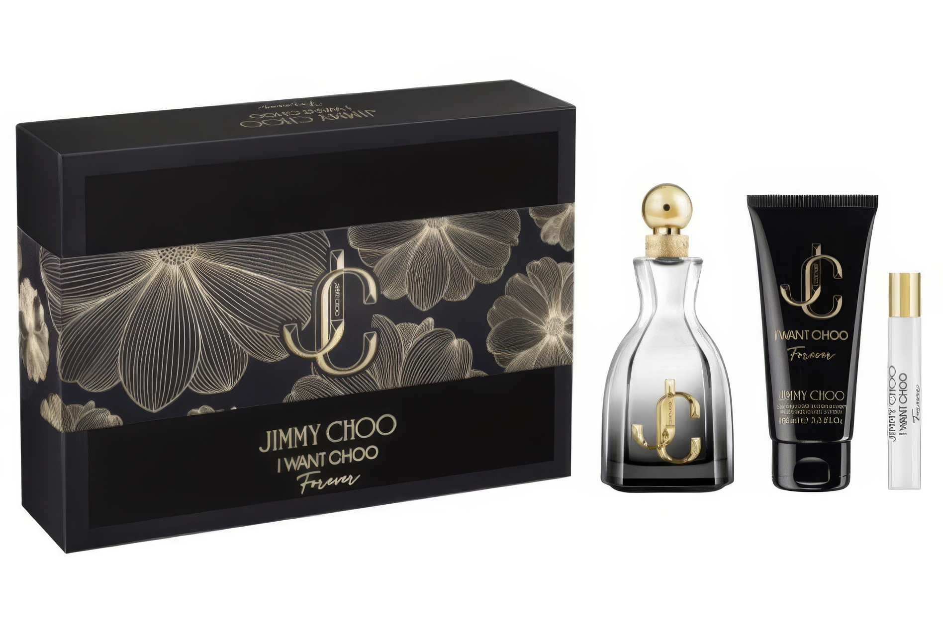 Jimmy Choo I Want Choo Forever set with black box, bottle, tube, and small container on a white background