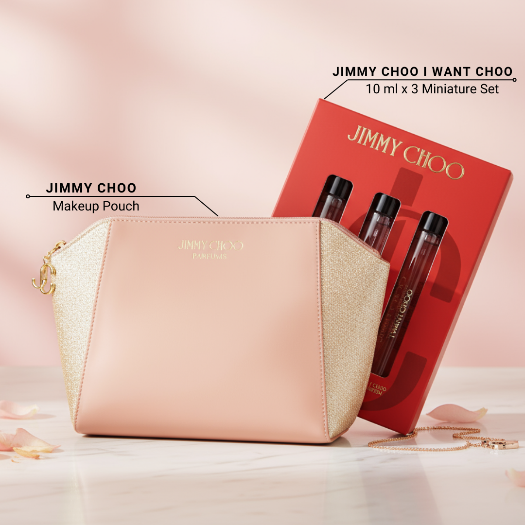 Jimmy Choo makeup pouch with miniature perfume set on a light pink background