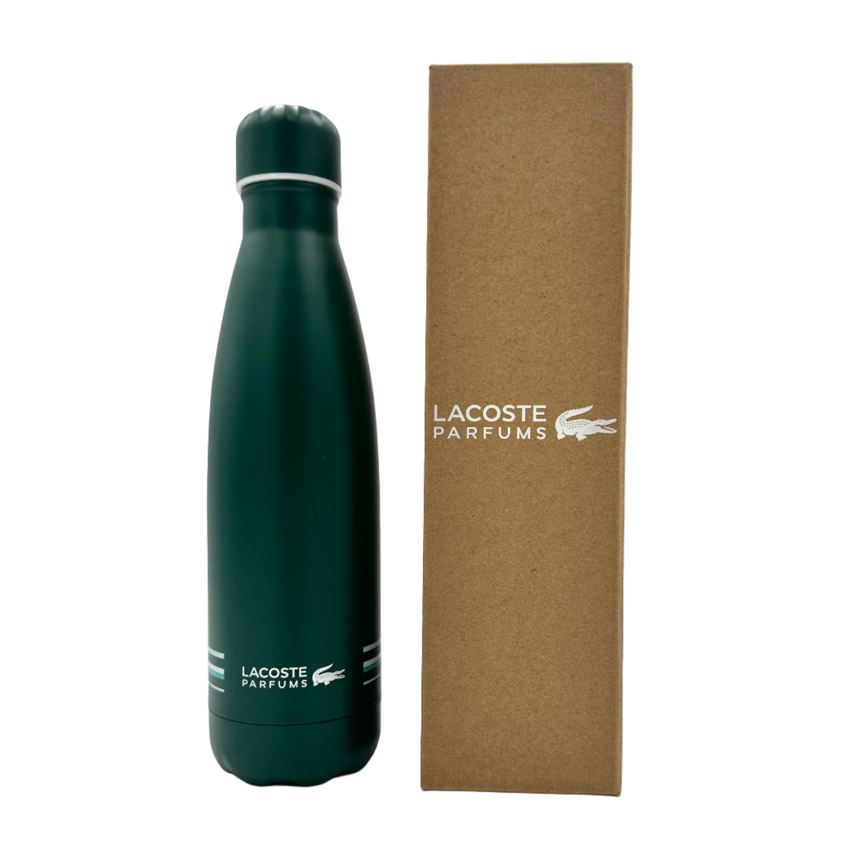 Dark green water bottle with Lacoste Parfums branding next to a brown box with Lacoste branding on a white background
