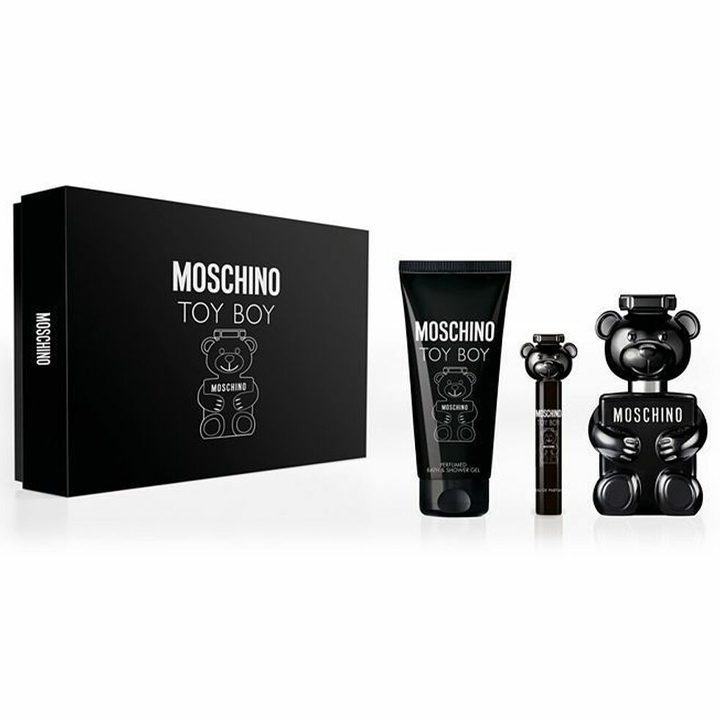 Moschino Toy Boy Eau De Parfum gift set with 100ml perfume, 10ml travel spray, and 200ml shower gel in stylish packaging