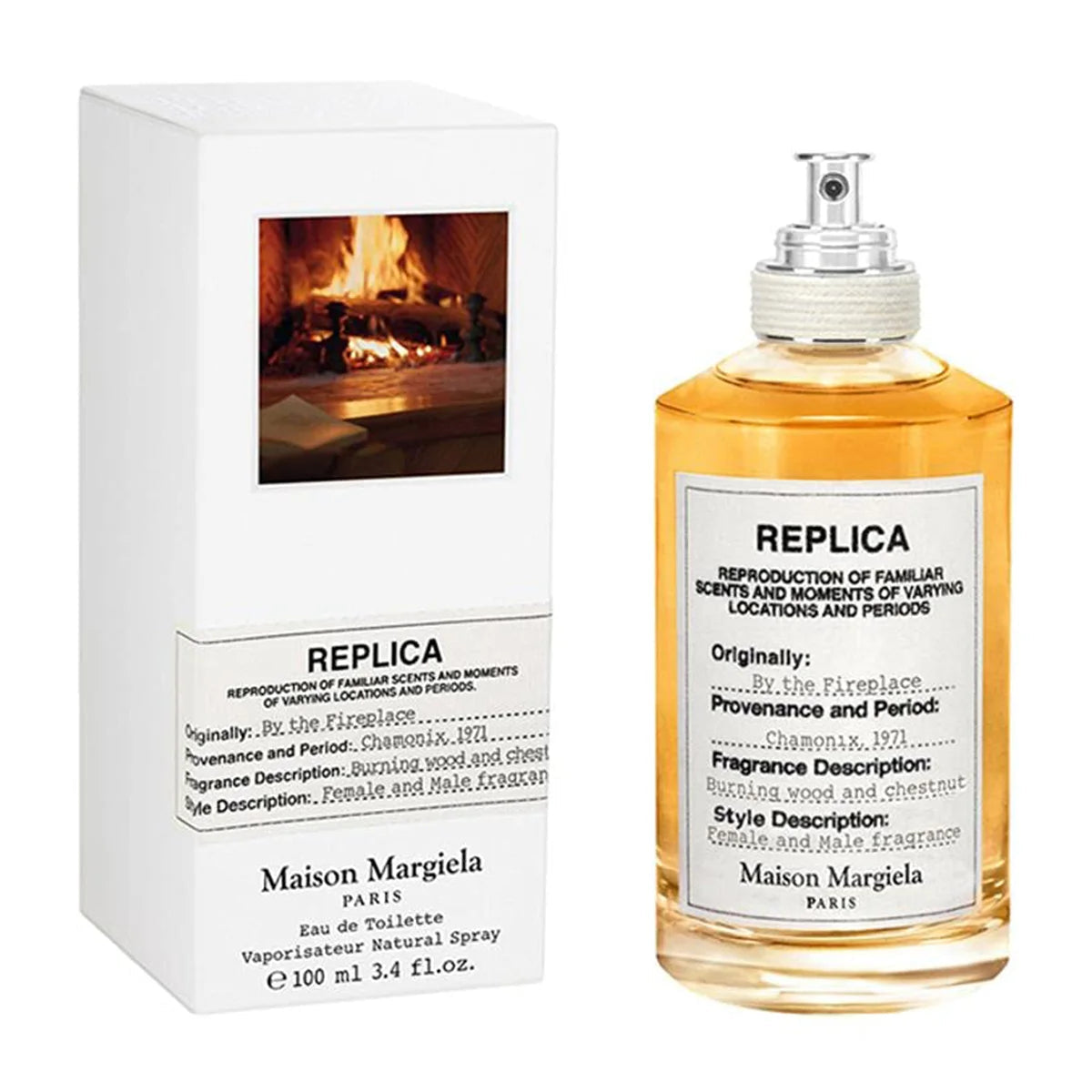 Maison Margiela Replica By The Fireplace Eau de Toilette 100ml in the signature white apothecary-style bottle with typewriter-font label