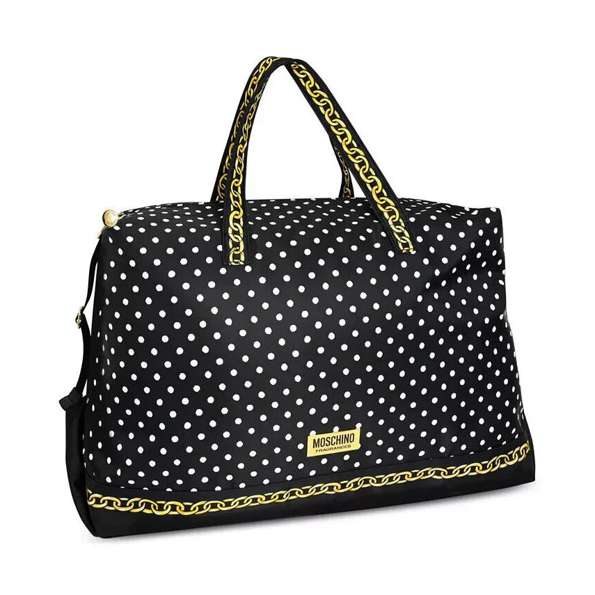 Moschino Weekend Bag for Women in black with white polka dots and gold chain detailing, featuring top handles and an adjustable shoulder strap