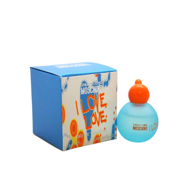 Moschino I Love Love perfume bottle and packaging on a white background