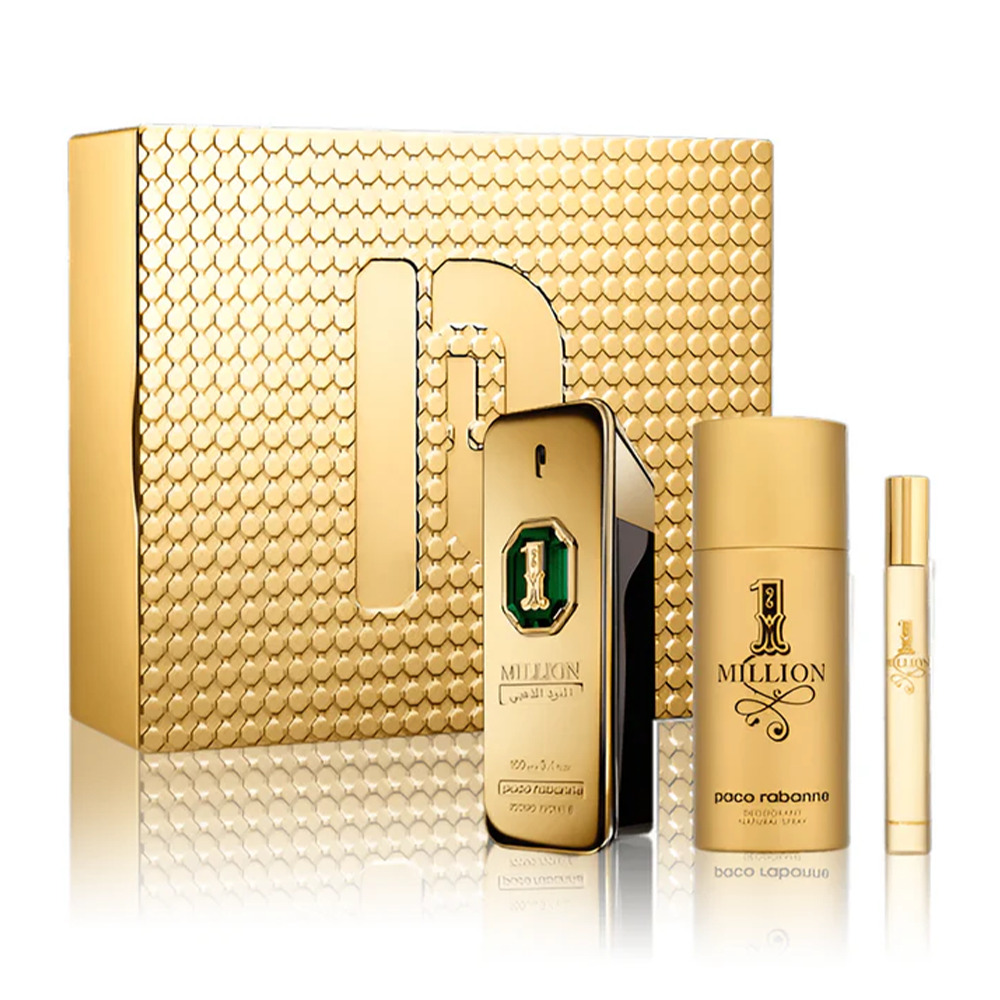 Paco Rabanne 1 Million Golden Oud gift set with 100ml Parfum Intense bottle, 10ml travel spray, and 150ml deodorant spray arranged together.