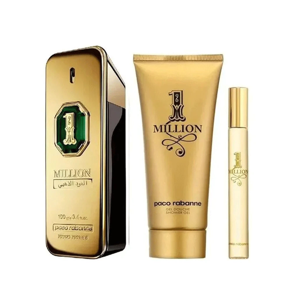 Paco Rabanne 1 Million Golden Oud gift set with 100ml Parfum Intense bottle, 10ml travel spray, and 150ml deodorant spray