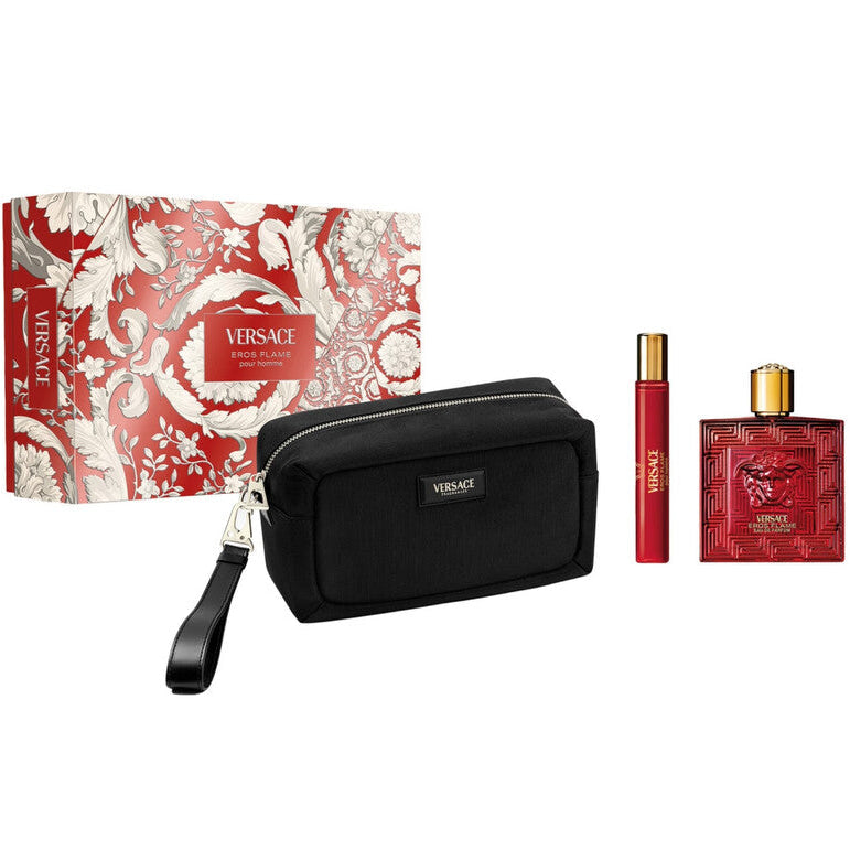 Versace Eros Flame Eau de Parfum set with 100ml and 10ml in the iconic red Medusa bottle with gold cap and Versace black trousse