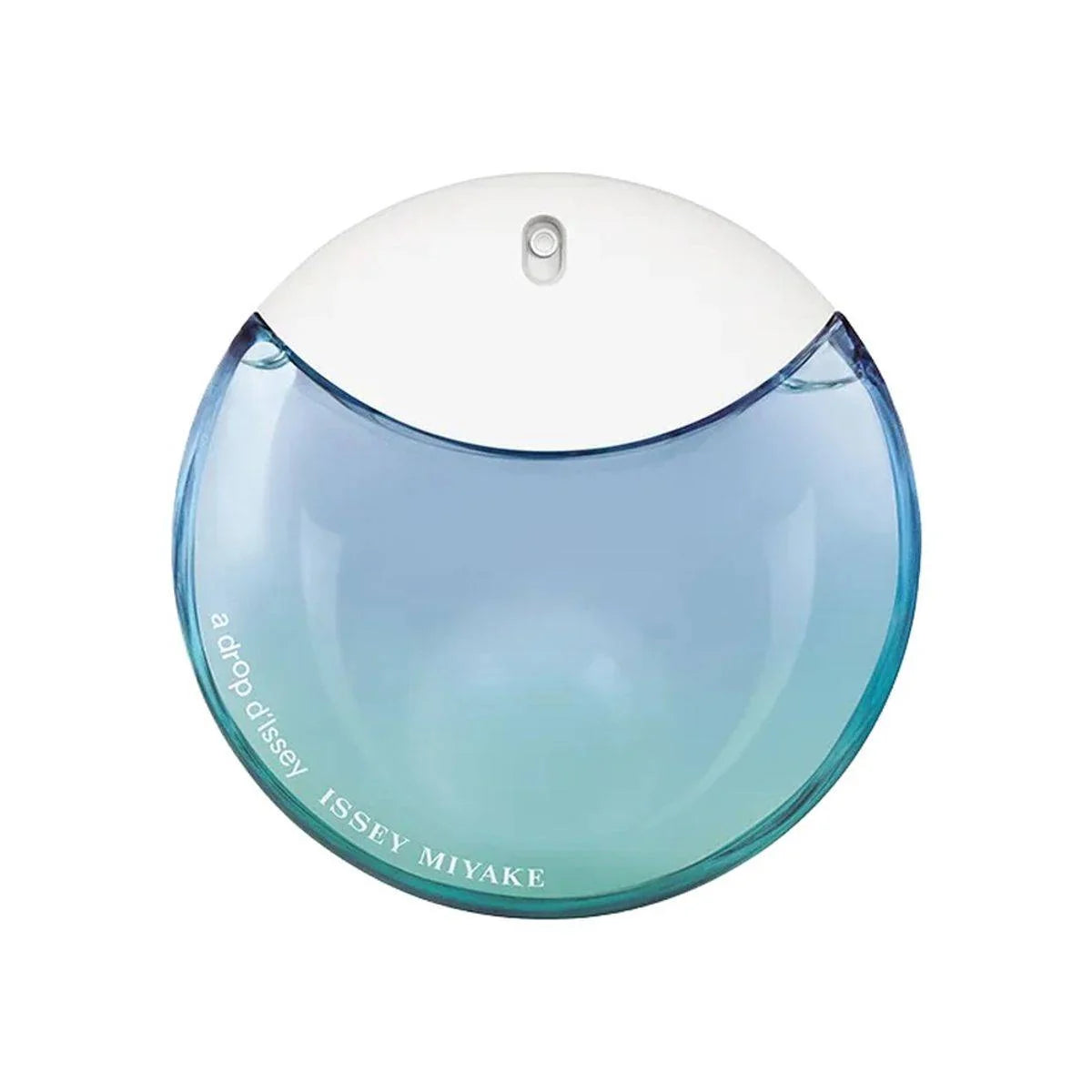 A Drop d'Issey Eau de Parfum bottle in round transparent glass with drop-shaped design