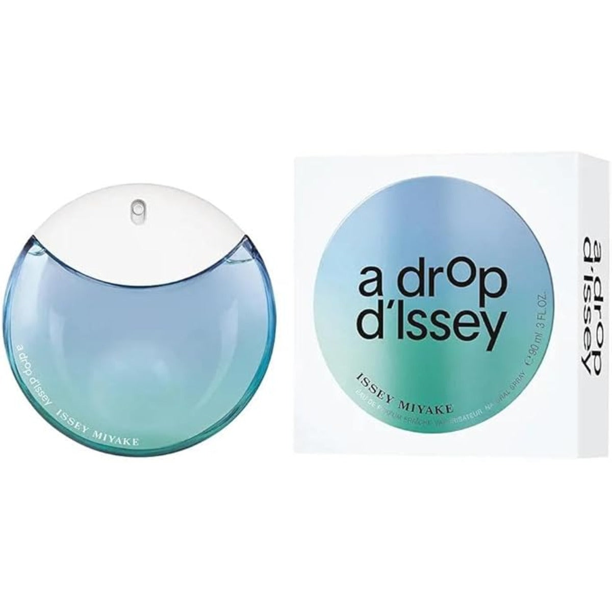 A Drop d'Issey Eau de Parfum bottle in round transparent glass with drop-shaped design
