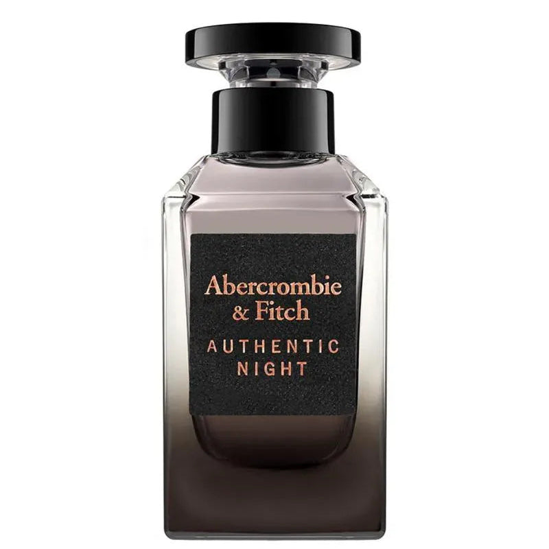 Abercrombie & Fitch Authentic Night perfume bottle, featuring a dark gradient glass bottle with a black cap and a black label with gold lettering, set against a plain white background.