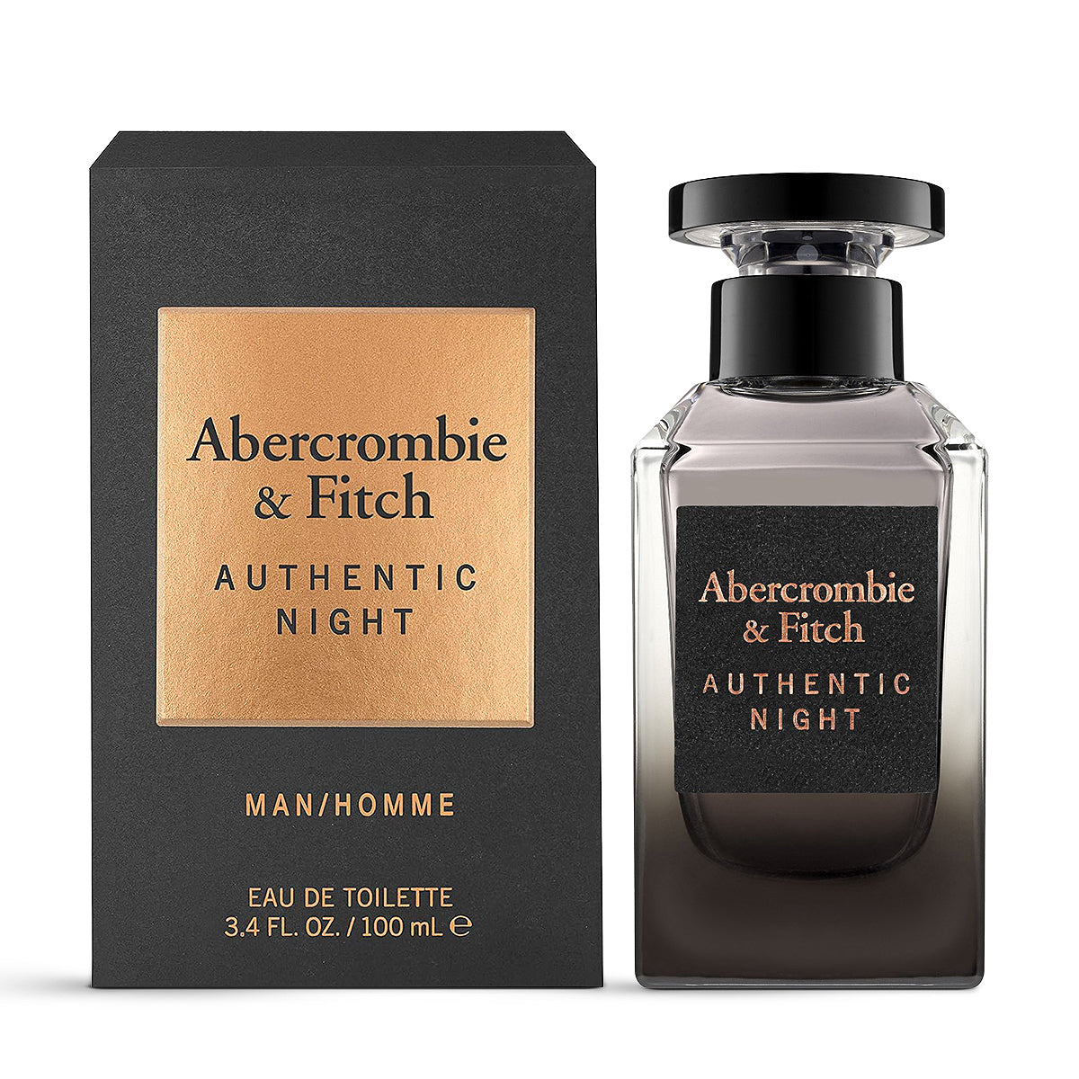 Abercrombie & Fitch Authentic Night Eau de Toilette 100ml in a sleek dark navy bottle with silver A&F branding and clean minimalist design