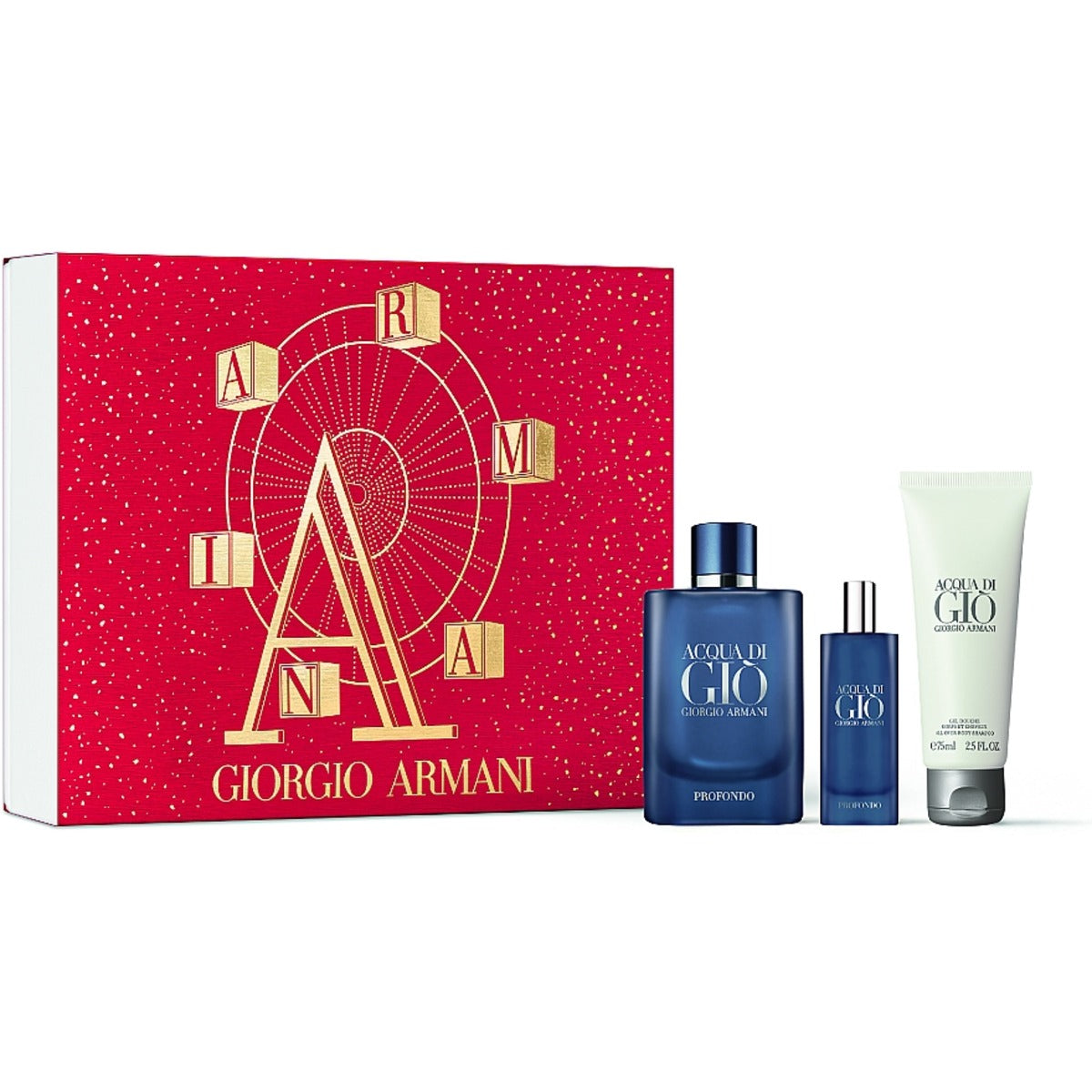 Giorgio Armani Acqua di Gio profondo fragrance gift set featuring a red gift box